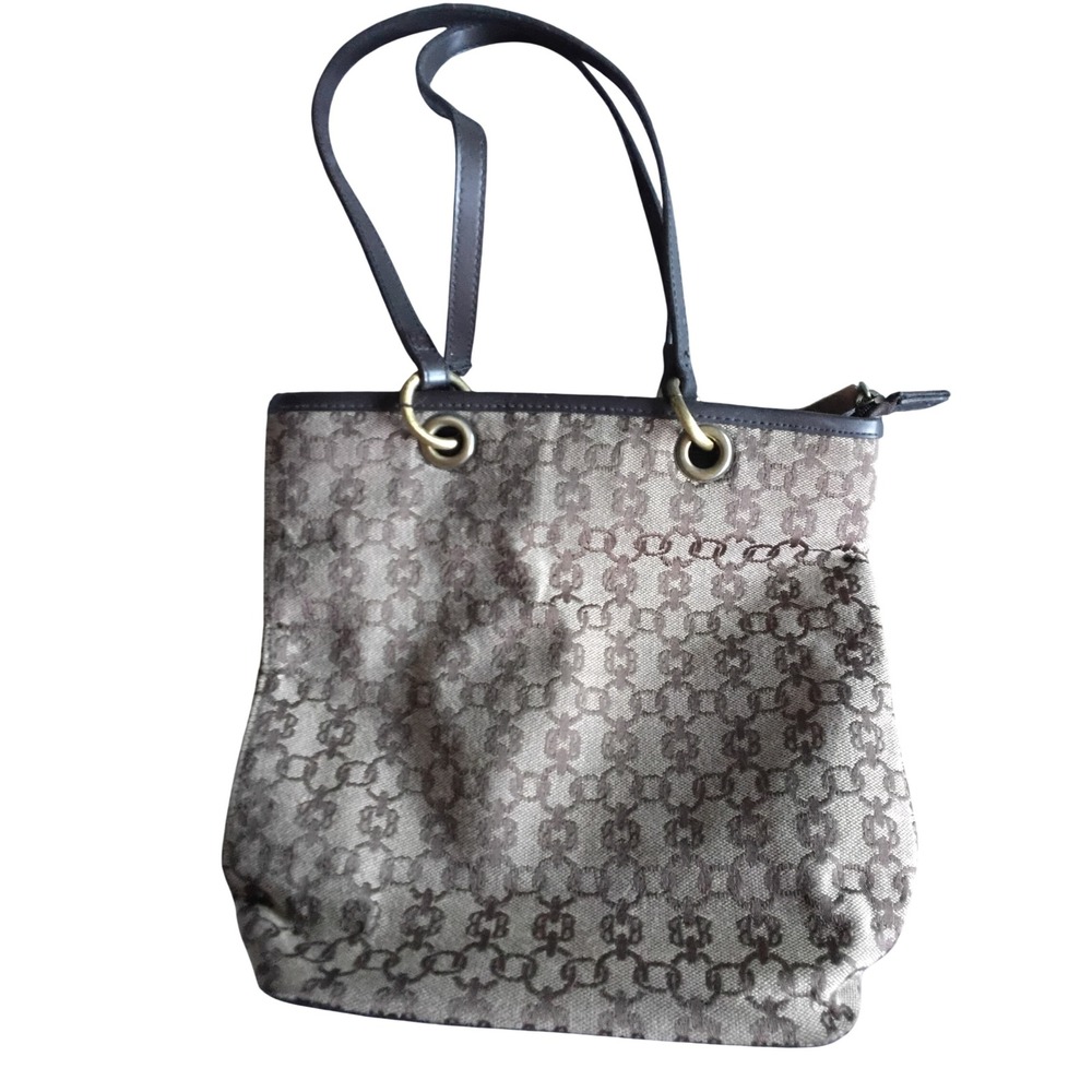 Bueno Monogram Jacquard Tote Bag Brown Tan Canvas Shoulder Bag Zip Top Medium